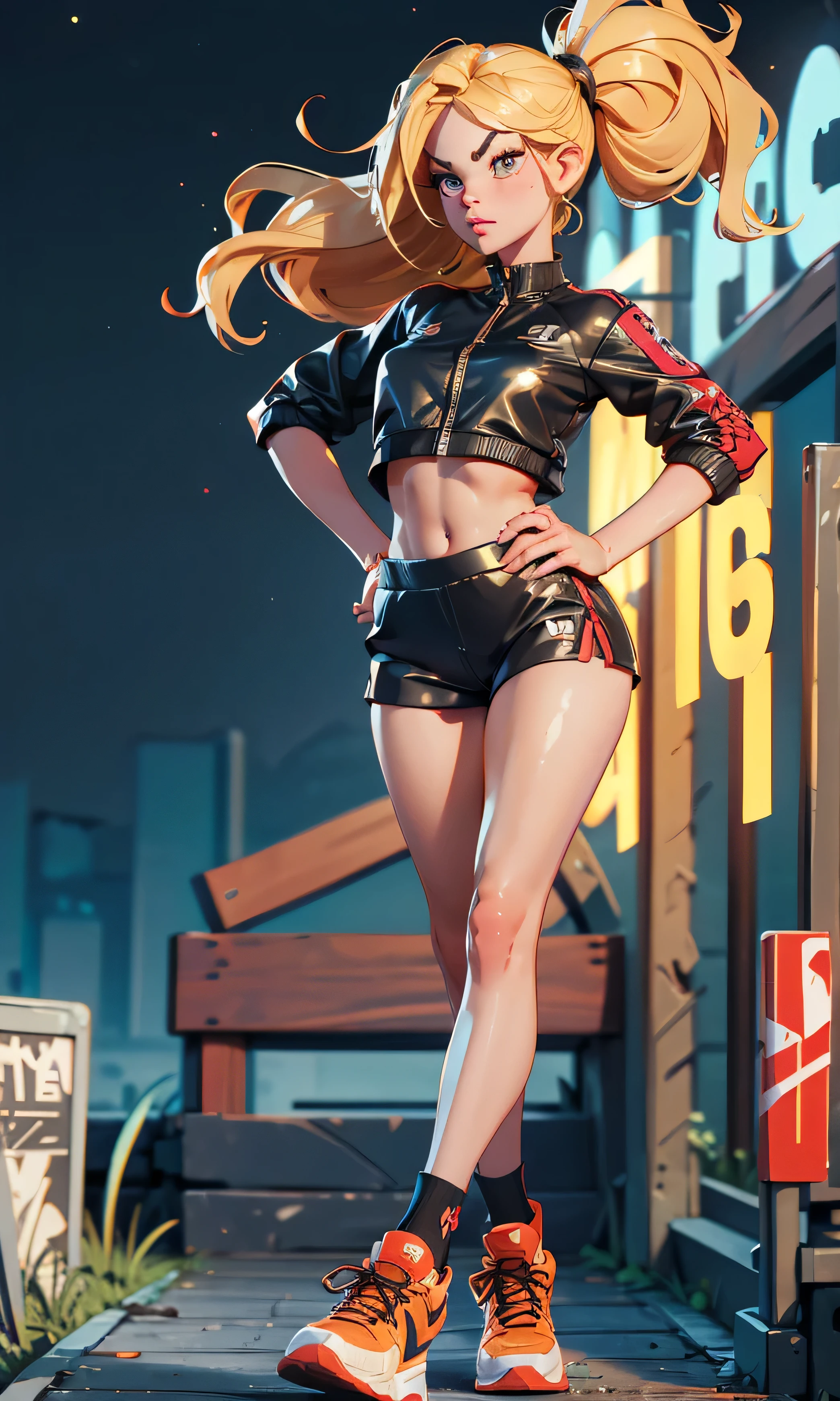 masterpiece, 1 girl, beautiful, slim, head on, looking at the spectator,  long hair , blonde hair, brown eyes,  arched eyebrows ,  full body ,  nice legs, abdomen plano, Kpop outfit ,  sports shoes , (((desnuda))),  on an abandoned bridge, dark sky,