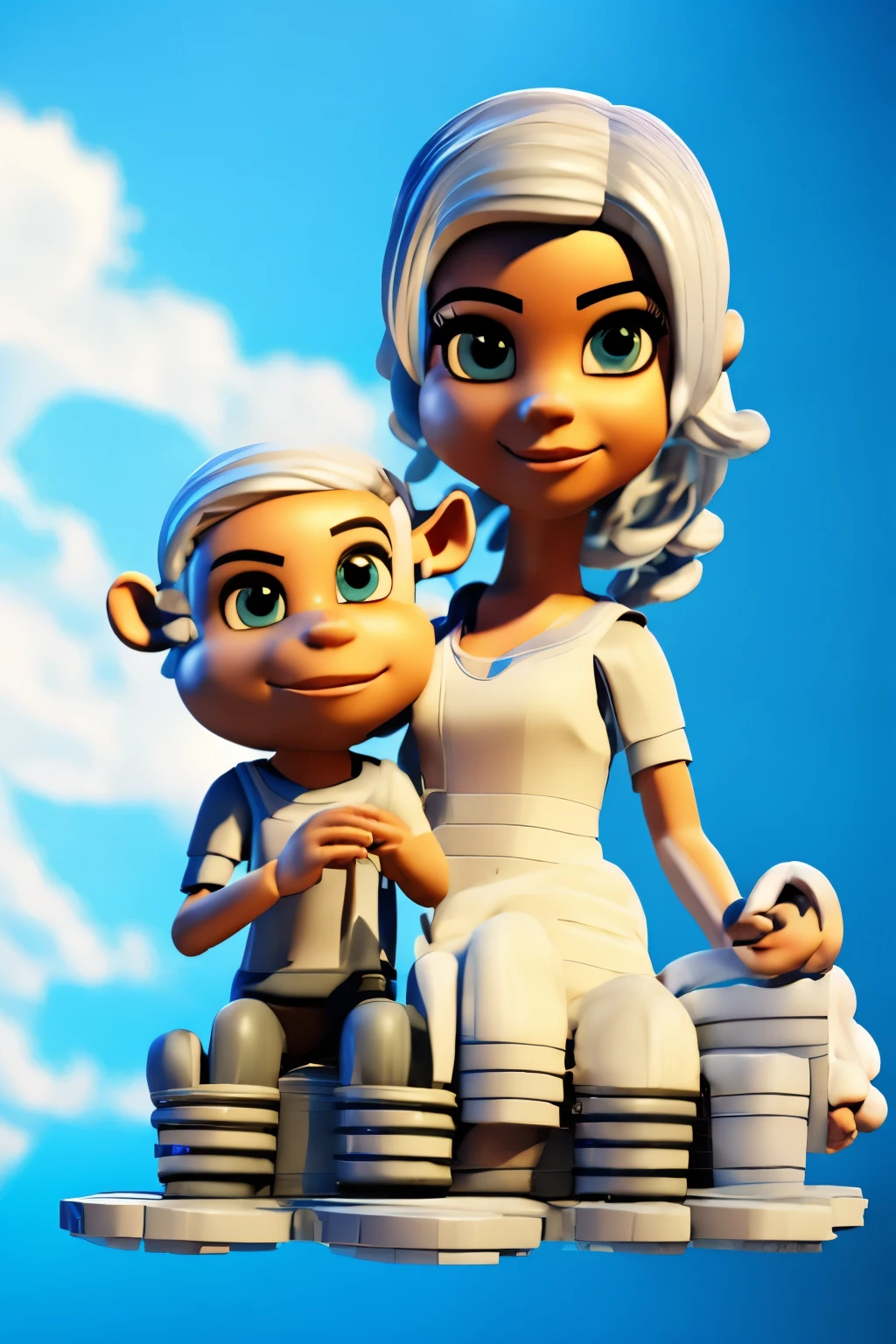 * she has white hair like clouds that behave like clouds on her head , wears a white dress whose ends are fluffy and fuzzy like clouds , She is standing on top of a cloud , has fair skin and completely light blue eyes , her lashes and eyebrows were also blue rim , she has a sneaker with a little blue face and is accompanied by two cloud monkeys who also had blue eyes