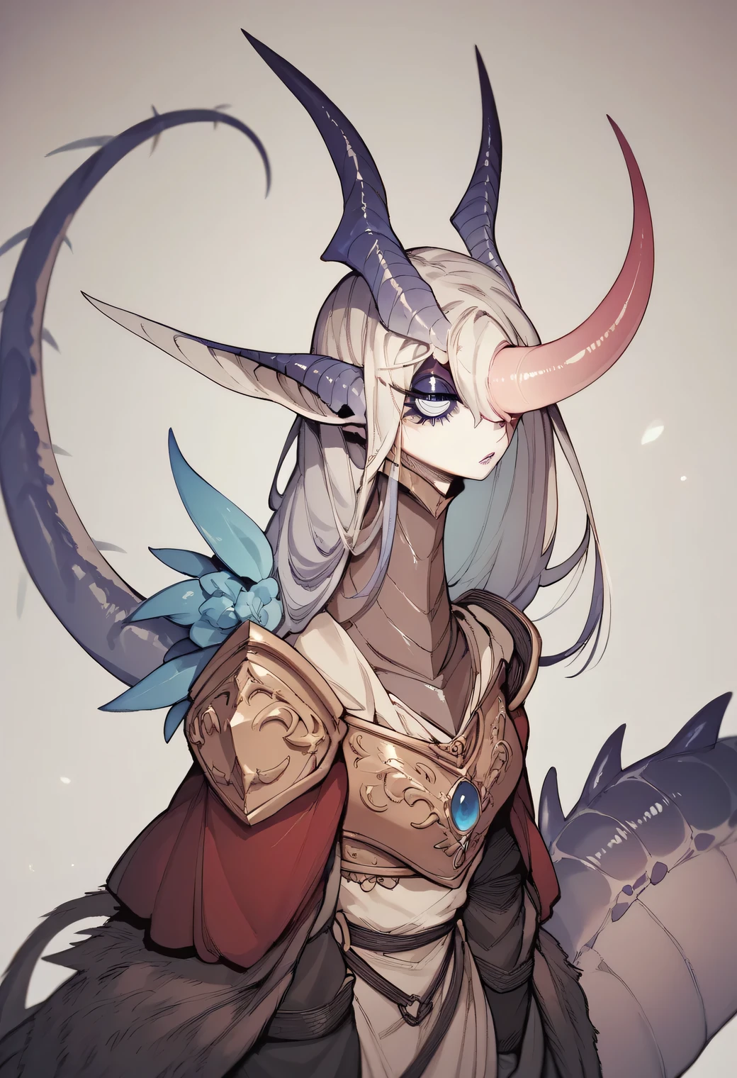 Big unique monster girl, unique ears, strong, unique, unique tail, mixed breed, unknown species, wearing massive medieval armor, long unique hair, unique eyes,