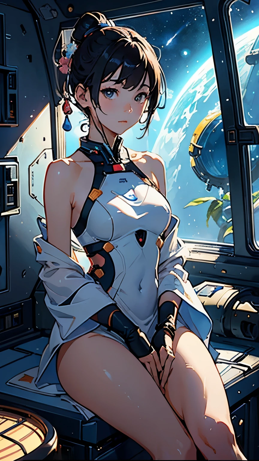 (Small personal space station ;1.2)、( The space station is an oasis in outer space )、、( A young and beautiful Japanese woman relaxing in an oasis:1.2)、  beautiful face、small breasts、 beautiful skin 、( you can see space from a window )、 top quality、 high image quality、  Masterpiece 、 wallpaper、8k、