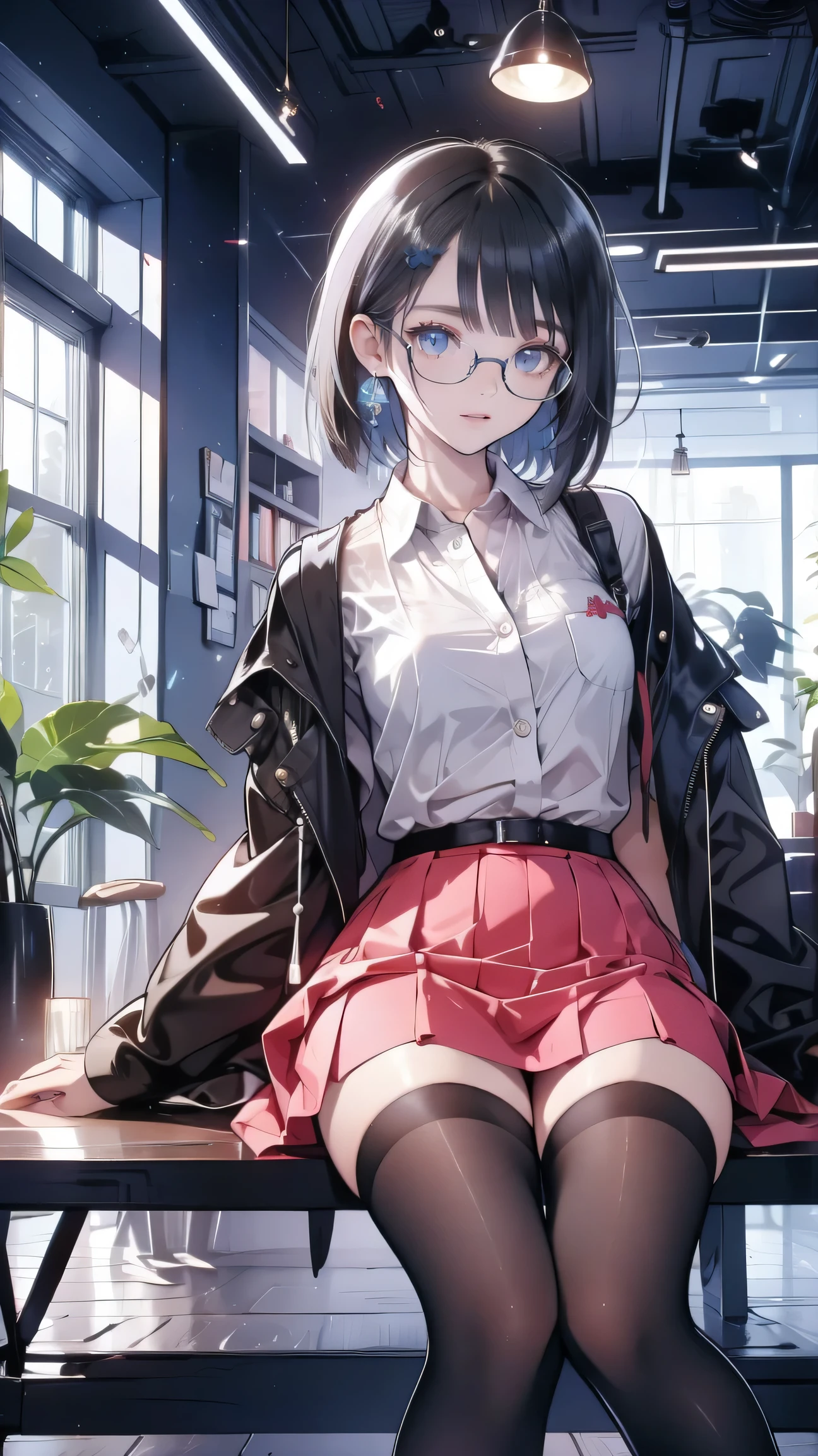an anime girl with Glasses and a  skirt sits on ground and poses,  1 female , alone,  skirt,  have ,  shirt, white  shirt,  stockings,  red eyes, Glasses,  black hair , shoe, red  skirt, Check Pattern Skirt, audience, Cardigan, 檢查圖案, collared  shirt, ,   Long Sleeve  ,  closed mouth ,  sitting, black  stockings, indoor, bangs, short hair, Black-rimmed Glasses,  Brown coat ,   bateau collar  ,Add XL 

