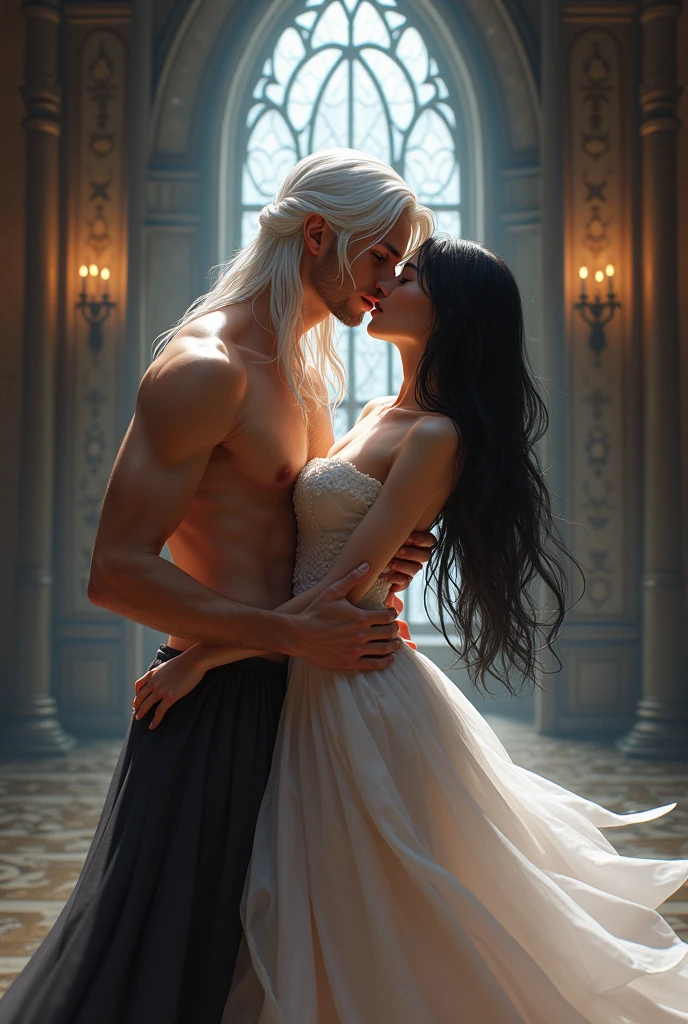 Make a young girl with long white hair, pale white skin, purple eyes, the curvature of your body is very attractive 
Next to her is a man, tall, strong, white-haired, purple-eyed, the man is extremely handsome and attractive 
The two are in a medieval era room while having sex, she is naked