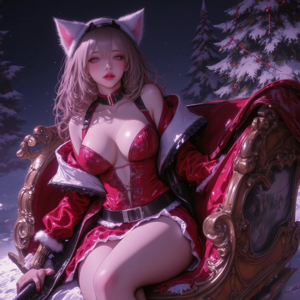 Cat ears、Miniskirt Santa Outfit、  attractive,desire, Obscene, Mature Woman, Captivating body lines , ((  fine facial features ,   open your mouth, eroticism)),  dramatic lighting  ,  realistic , 8k, Cinematic Composition , dark moody vibe ,  Dramatic Shadows ,  intricate and elaborate patterns  ,  30 megapixel  ,   super detailed photo  ,  chiaroscuro lighting  ,   moody color palette across sleigh  ,Pleasant colors ,  Deep Contrast  ,  super real 、 pink lipstick、 snowy Christmas tree straddling a sleigh、 white christmas、 full body view、Drawing composition、 cinematic composition、Straddling a reindeer、 seductive thighs 、Exuding sexiness、Use warm colors、 Santa Claus、Sensational reindeer 、((Big Breasts:1.4))、Bare chest