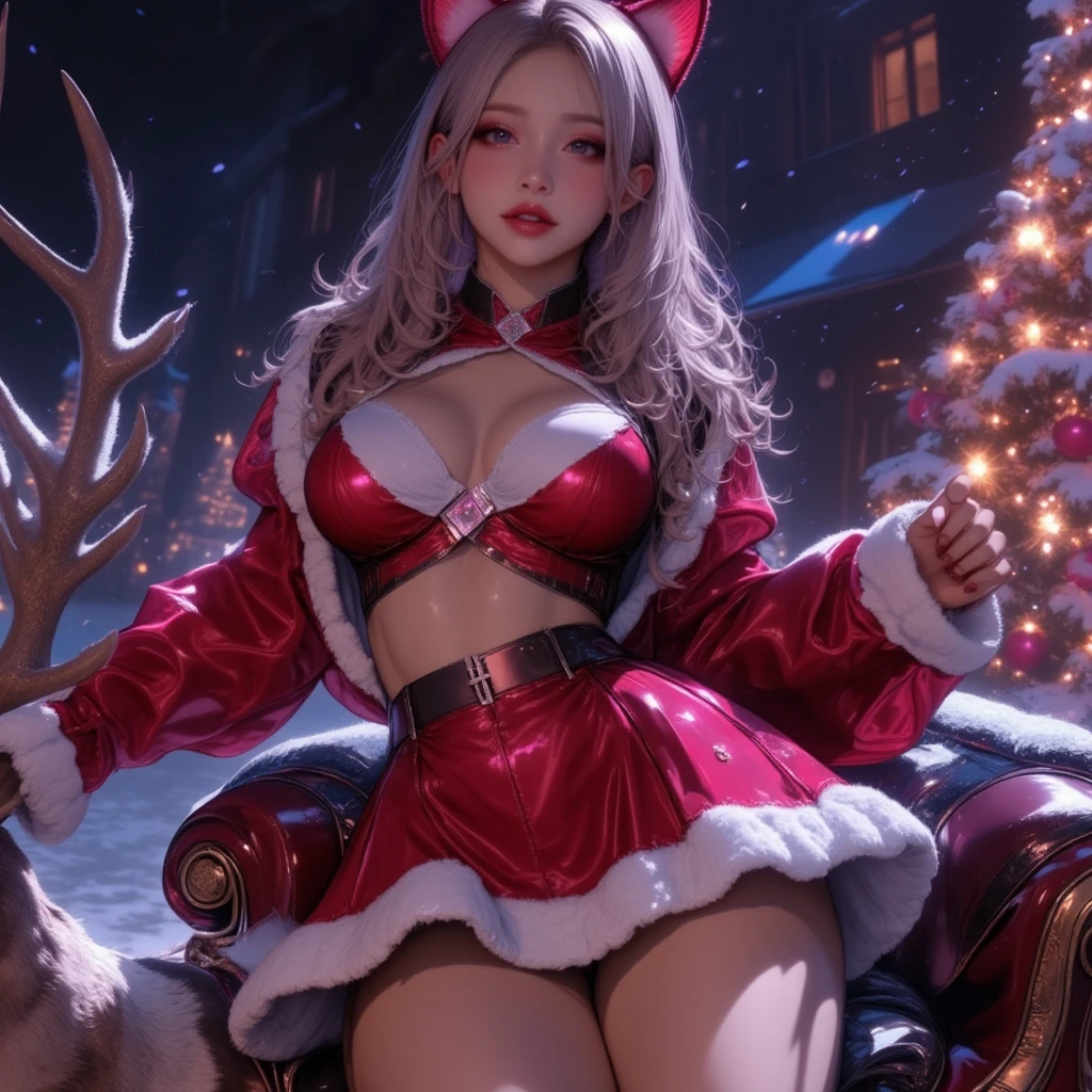 Cat ears、Miniskirt Santa Outfit、  attractive,desire, Obscene, Mature Woman, Captivating body lines , ((  fine facial features ,   open your mouth, eroticism)),  dramatic lighting  ,  realistic , 8k, Cinematic Composition , dark moody vibe ,  Dramatic Shadows ,  intricate and elaborate patterns  ,  30 megapixel  ,   super detailed photo  ,  chiaroscuro lighting  ,   moody color palette across sleigh  ,Pleasant colors ,  Deep Contrast  ,  super real 、 pink lipstick、 snowy Christmas tree straddling a sleigh、 white christmas、 full body view、Drawing composition、 cinematic composition、Straddling a reindeer、 seductive thighs 、Exuding sexiness、Use warm colors、 Santa Claus、Sensational reindeer 、((Big Breasts:1.4))、Bare chest