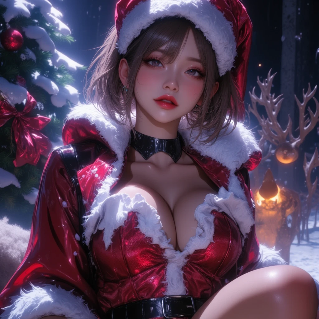 Cat ears、Miniskirt Santa Outfit、  attractive,desire, Obscene, Mature Woman, Captivating body lines , ((  fine facial features ,   open your mouth, eroticism)),  dramatic lighting  ,  realistic , 8k, Cinematic Composition , dark moody vibe ,  Dramatic Shadows ,  intricate and elaborate patterns  ,  30 megapixel  ,   super detailed photo  ,  chiaroscuro lighting  ,   moody color palette across sleigh  ,Pleasant colors ,  Deep Contrast  ,  super real 、 pink lipstick、 snowy Christmas tree straddling a sleigh、 white christmas、 full body view、Drawing composition、 cinematic composition、Straddling a reindeer、 seductive thighs 、Exuding sexiness、Use warm colors、 Santa Claus、Sensational reindeer 、((Big Breasts:1.4))、Bare chest