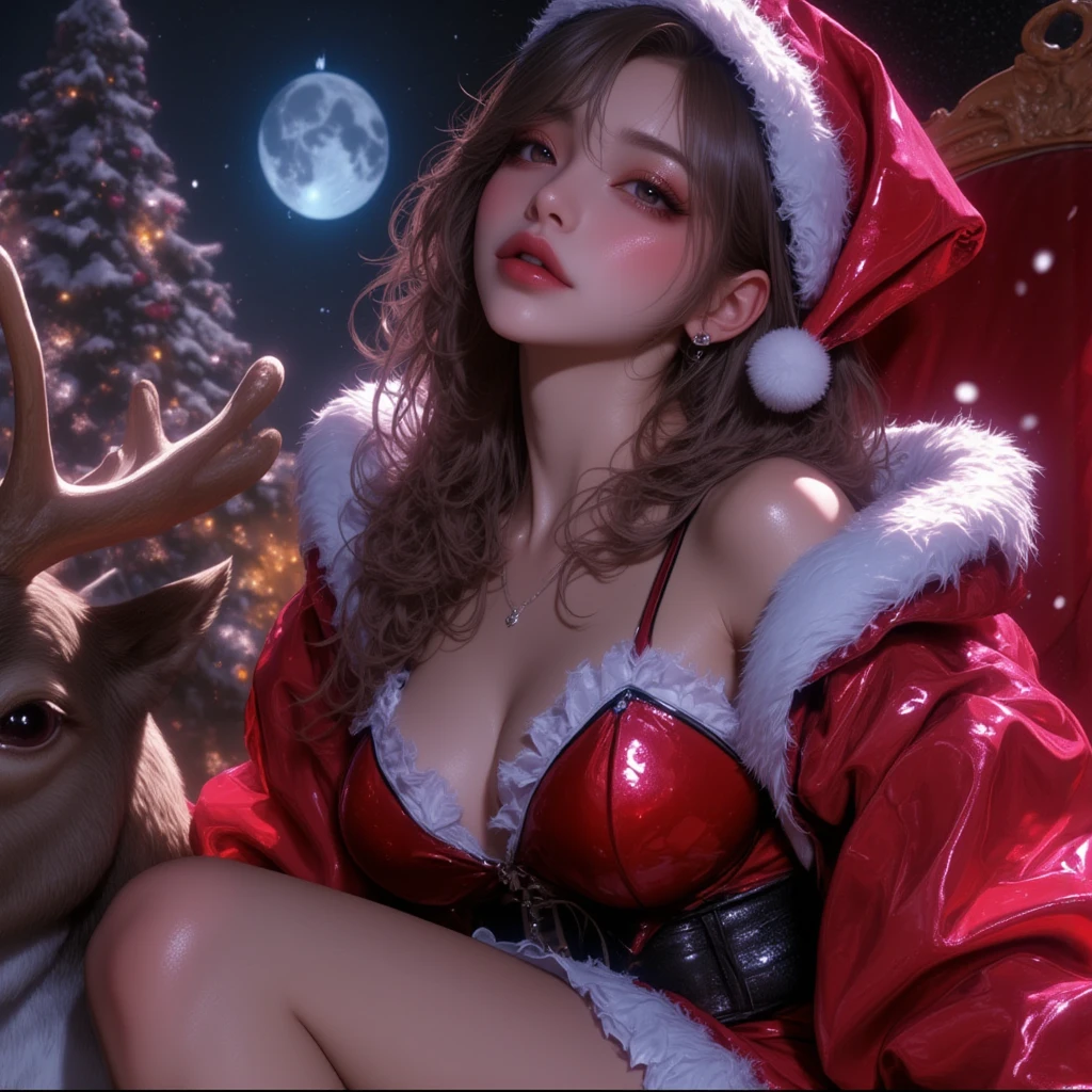 Cat ears、Miniskirt Santa Outfit、  attractive,desire, Obscene, Mature Woman, Captivating body lines , ((  fine facial features ,   open your mouth, eroticism)),  dramatic lighting  ,  realistic , 8k, Cinematic Composition , dark moody vibe ,  Dramatic Shadows ,  intricate and elaborate patterns  ,  30 megapixel  ,   super detailed photo  ,  chiaroscuro lighting  ,   moody color palette across sleigh  ,Pleasant colors ,  Deep Contrast  ,  super real 、 pink lipstick、 snowy Christmas tree straddling a sleigh、 white christmas、 full body view、Drawing composition、 cinematic composition、Straddling a reindeer、 seductive thighs 、Exuding sexiness、Use warm colors、 Santa Claus、Sensational reindeer 、((Big Breasts:1.4))、Bare chest