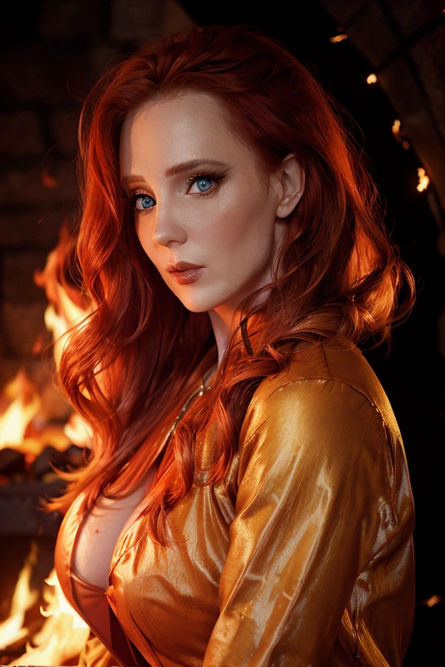 1woman, godness of fire,godness hot woman, detailed face, jean gren reference, redhead orange, big breast, background night fire 