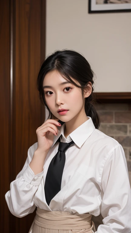 8K, masterpiece, RAW photo, highest quality, realistic, Highly detailed CG Unity 8K wallpaper, written boundary depth, cinematic light, Lens flare, ray tracing, (very beautiful face, beautiful lips, beautiful eyes), face with intricate details, ((super dense skin)) 1 girl, in the dark, deep shadow, pretty asian girl, highest quality, full body portrait, delicate face, cute face, slim body shape, medium bust, OL uniform, business services, black stockings, outdoor scene, high heels, suitable, tie, smile, updo hair