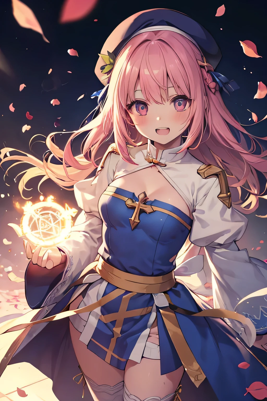 happy girl ( showing teeth), standing, combat pose,  pink hair color,  mmorpg background ,  mmorpg background (A stranger), complete anatomy,   graphic effects ,  ornament of a flower-shaped accessory on the head, aura, white beret, height 159 cm  ( 5 feet 3 inches ),  summoning circle,  Castea Heal Skill( ragnarok online ), Blue Fire Force +vapor,  fire around, strong breeze ,  sakura petals and leaves, primera persona, blush,  looking at the spectator , Charm, Pausa de toque ciego  looking at the spectator ,  very detailed face , 8K, light and shadow effect.  Masterpiece.