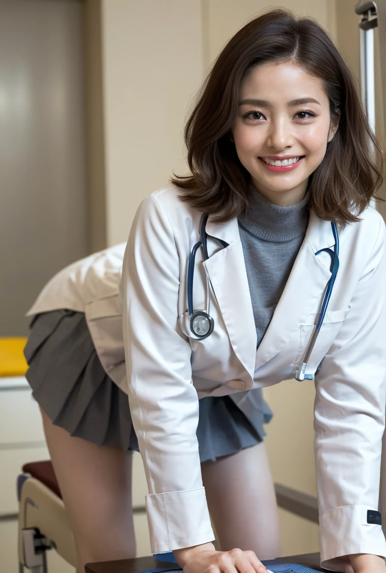 1womanl、(Super beautiful)、(beauitful face:1.5)、physician、(Dressing:1.3)、(White coat for doctors:1.5)、white  shirt、(a miniskirt:1.3)、Sit in a chair in the exam room、(showing   panties)、(white  panties:1.1)、(with spreading legs)、(stethoscope)、(At SFW:1.1)