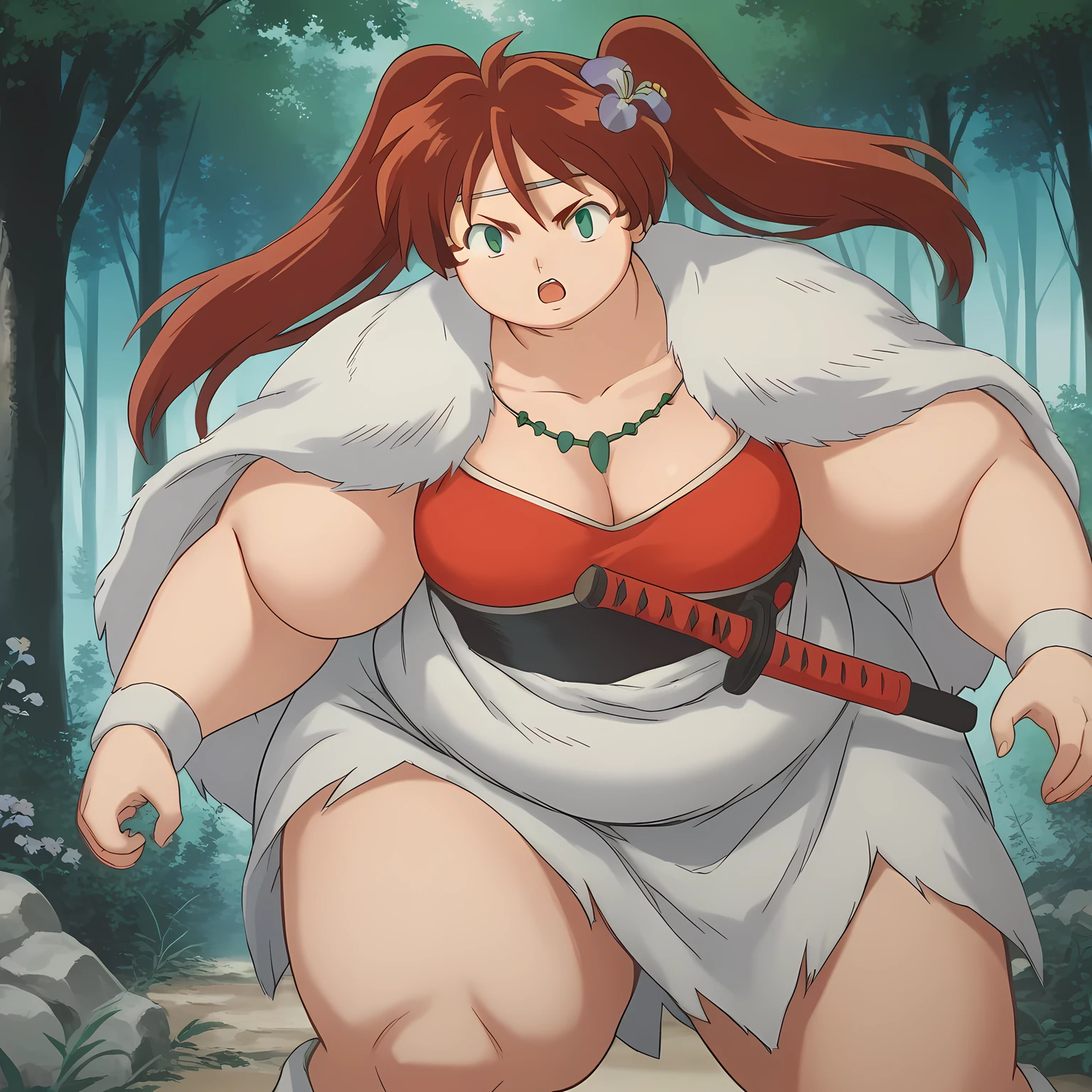 score_9, score_8_up, score_7_up, source_anime,
inuyashaayame, ayame, long hair, brown hair, hair ornament, twintails, green eyes, flower, red hair, sword, hair flower,
jewelry, necklace, cape, collarbone, fur trim,
outdoors, forest, nature,
looking at viewer, fighting stance, fat, chubby, obese, gigantic arms and legs, large breasts open mouth, out of breath