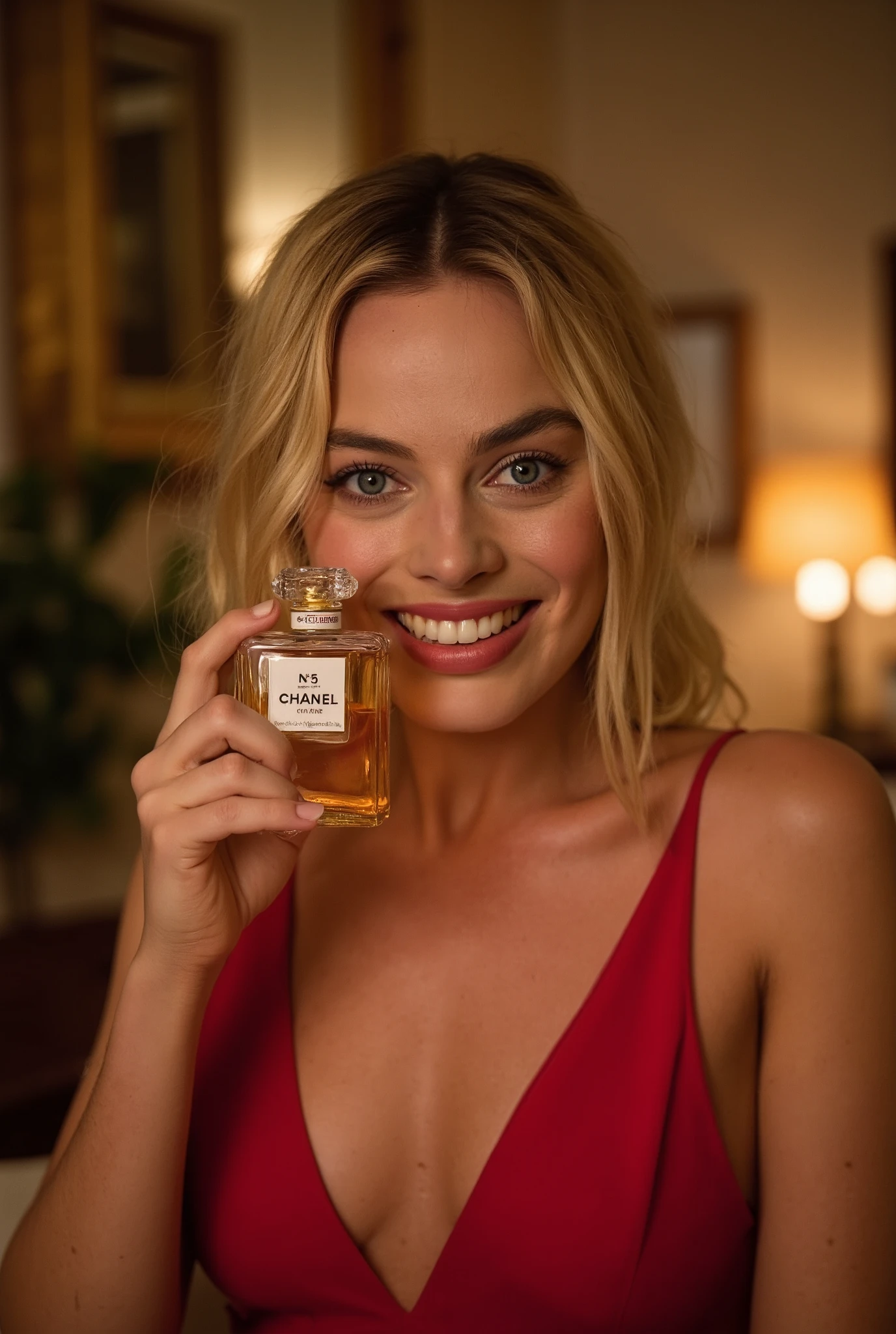 CM poster "Chanel's No. 5 for you " written in middle Red decoration of gorgeous letters at the upon the screen,　front view, Margot Robbie , right hand hold   Chanel's No. 5 perfume from own face, smile , shot cut, blond hair, Red Chanel dinner simple dress,  candle light, in home, night( super detailed,   High Details  ,  High Quality , Accurate,  anatomically correct , textured skin, beautiful fingers  super detailed,   High Details  ,  High Quality ,  High Quality )
