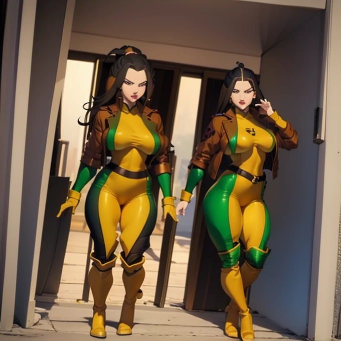 Azula cosplaying as Rogue from X-Men wearing Rogue's iconic outfit including the green and yellow jumpsuit ,brown leather jacket and knee-high boots, Her figure is curvy with large breasts a slim waist and thick thighs Her hair includes Rogue's signature white streaks There are no elements or colors related to the Fire Nation The setting is minimalist to emphasize the outfit"