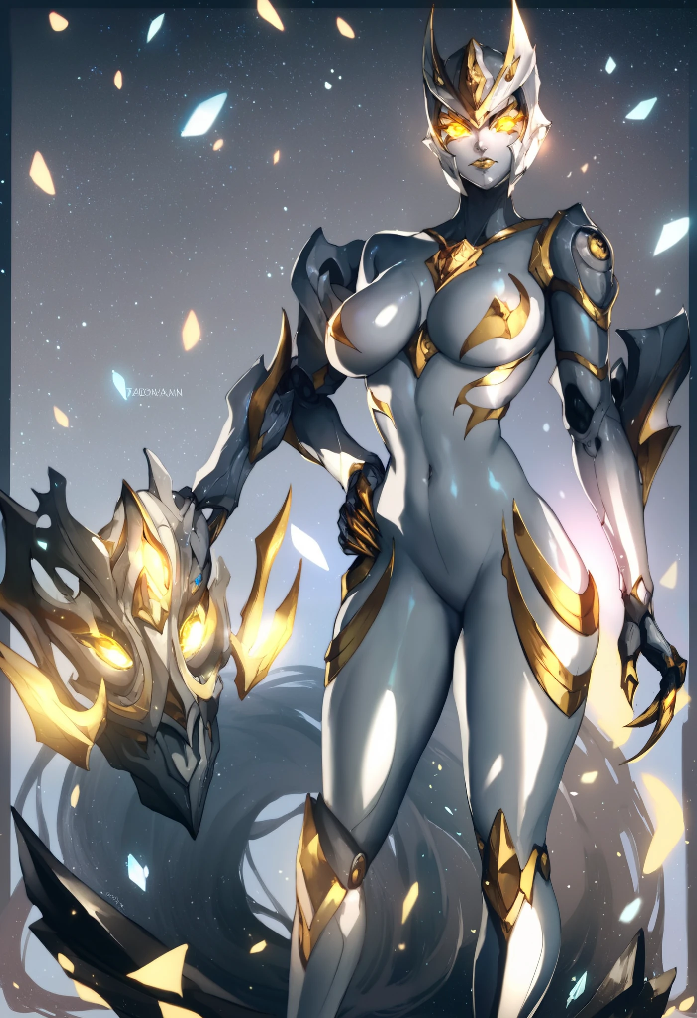 Camearra. Ultraman Woman. Solo. (High Quality) (Shiny) ((Grey Face and Gold Eyeliner)) (Grey and Gold Theme Color). Thick legs. Silver helmet. Full face helmet. Gold lines. Glowing mechanical eyes. Full body covered in grey bodysuit. Breasts perky. Thick legs. Glowing crystal on chest. Sharp claws. Hands on hips. Night background.