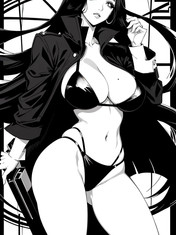 a close up of a person sitting on a bed with a book, thick black lineart, black and white manga style, rei hiroe black lagoon manga, anya from spy x family, black and white manga panel, black and white manga, style of masamune shirow, sardax, inspired by Masamune Shirow, seductive anime girl --auto --s2
