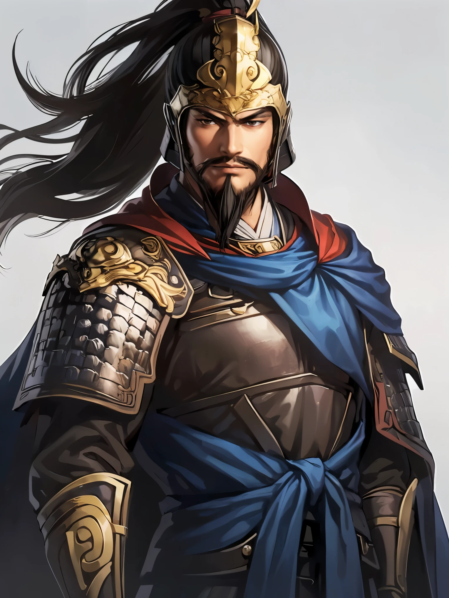 The Young Man in White Armor、 Three Kingdoms、whole body、(  top quality ,4K,8k, high definition ,  Masterpiece :1.2)、 very detailed,  high definition ,Hyper HD、Perfect hands、Ultra-fine paint、  Physically Based Rendering、  very detailed explanation、  very detailed目と顔、  beautiful attention to detail 、Perfect hands、White Armor、(((ung  is correct 、 Blue Bellbed Cape、 watching viewers、Black Hair、 A Faint Smile 、From the waist up、 white background 、 dark eyes、 white cloak、 beard 、Iron Helmet 