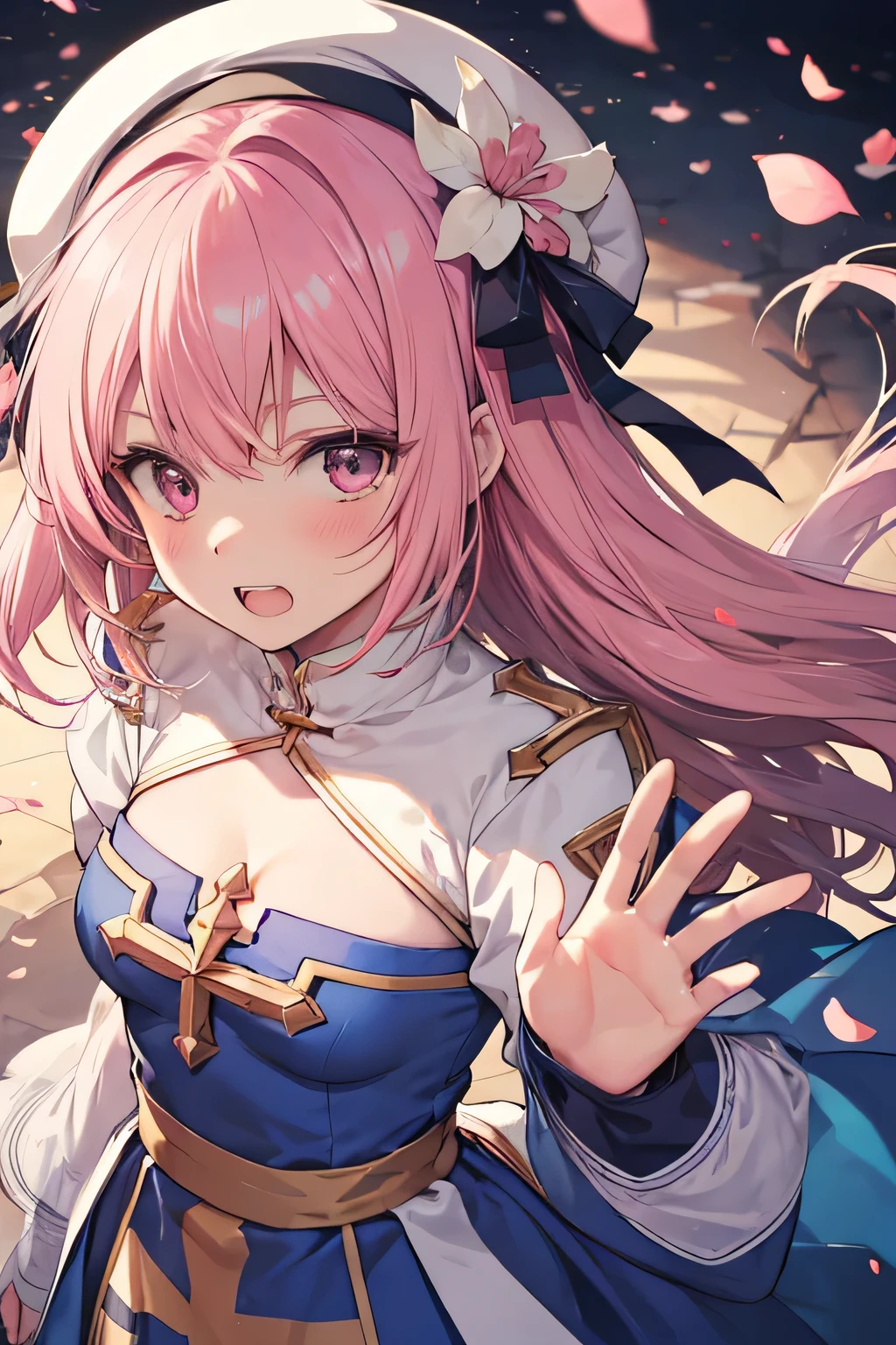 happy girl ( showing teeth), standing, combat pose,  pink hair color,  mmorpg background ,  mmorpg background (A stranger), complete anatomy,   graphic effects ,  ornament of a flower-shaped accessory on the head, aura, white beret, height 159 cm  ( 5 feet 3 inches ),  summoning circle,  Castea Heal Skill( ragnarok online ), Blue Fire Force +vapor,  fire around, strong breeze ,  sakura petals and leaves, primera persona, blush,  looking at the spectator , Charm, Pausa de toque ciego  looking at the spectator ,  very detailed face , 8K, light and shadow effect.  Masterpiece.