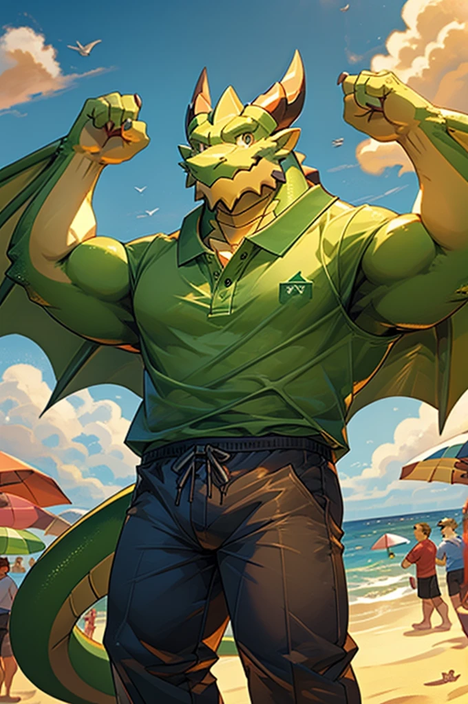 ( is the best quality:1.2),  1 older boy ,  furry, Standing Alone,Body balance , Look directly into the camera,  dragon figure creature , Smile, Friendly expression ,  hands with 5 fingers ,  emerald green skin , Polo Shirt Sweatpants , All ages, seaside, , Panorama, Wide Angle