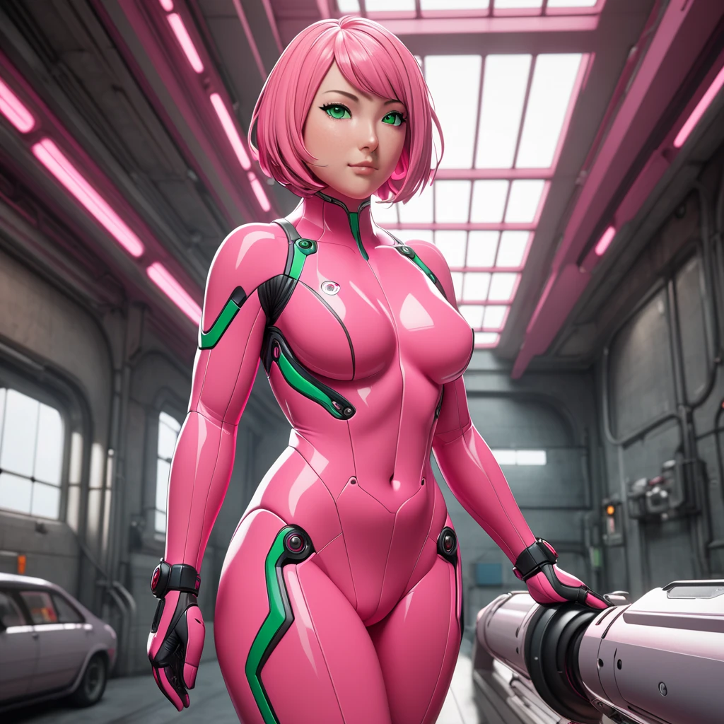 Masterpiece, High Resolution, Anatomically Correct, Best Quality, Super Detailed, Textured Skin, bright pink hair, mint green eyes, fairly curvaceous figure, peach skin, Breasts, Short Hair, Unreal Engine, bright pink plugsuit