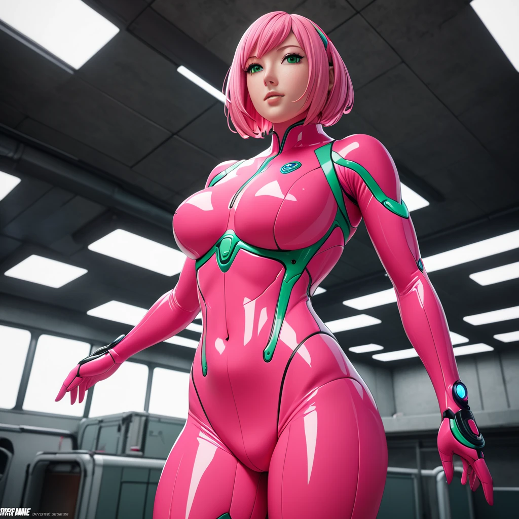 Masterpiece, High Resolution, Anatomically Correct, Best Quality, Super Detailed, Textured Skin, bright pink hair, mint green eyes, fairly curvaceous figure, peach skin, Breasts, Short Hair, Unreal Engine, bright pink plugsuit