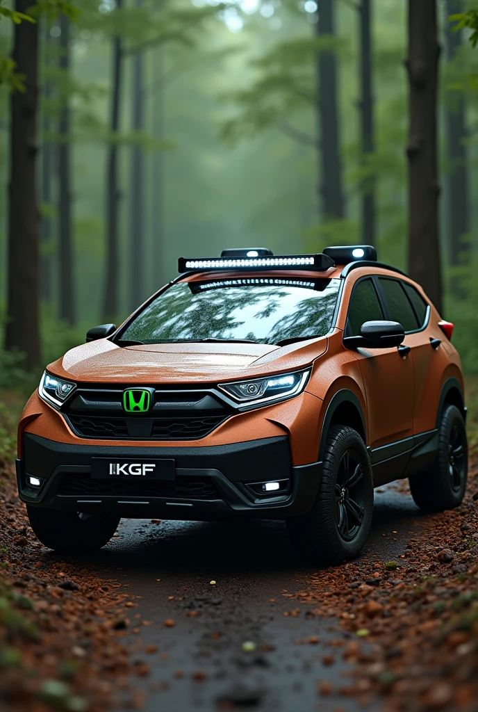  A futuristic armored dark rust color Honda CRV Cyber-SUV equipped with light bar and off-road grill lights,  the Honda CRV Cyber-SUV number plate has the text KGF, the Honda CRV Cyber-SUV has a big Green H on the front grill, cinematic, dramatic lighting, hyper-realistic, 8K, 3D render, photo-realistic, chiaroscuro, moody, gritty, military, tactical, advanced technology, dynamic pose, muscular physique, tactical gear, serious expression, rugged environment, stunning visuals, powerful, intense, show the side perspective of Honda CRV Cyber-SUV, The Honda CRV Cyber-SUV has the hex color B7410E.  Show the side profile of the Honda CRV Cyber-SUV.  The background environment is a green forest.