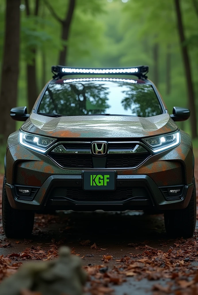  A futuristic armored dark rust color Honda CRV Cyber-SUV equipped with light bar and off-road grill lights,  the Honda CRV Cyber-SUV number plate has the text KGF, the Honda CRV Cyber-SUV has a big Green H on the front grill, cinematic, dramatic lighting, hyper-realistic, 8K, 3D render, photo-realistic, chiaroscuro, moody, gritty, military, tactical, advanced technology, dynamic pose, muscular physique, tactical gear, serious expression, rugged environment, stunning visuals, powerful, intense, show the side perspective of Honda CRV Cyber-SUV, The Honda CRV Cyber-SUV has the hex color B7410E.  Show the side profile of the Honda CRV Cyber-SUV.  The background environment is a green forest.