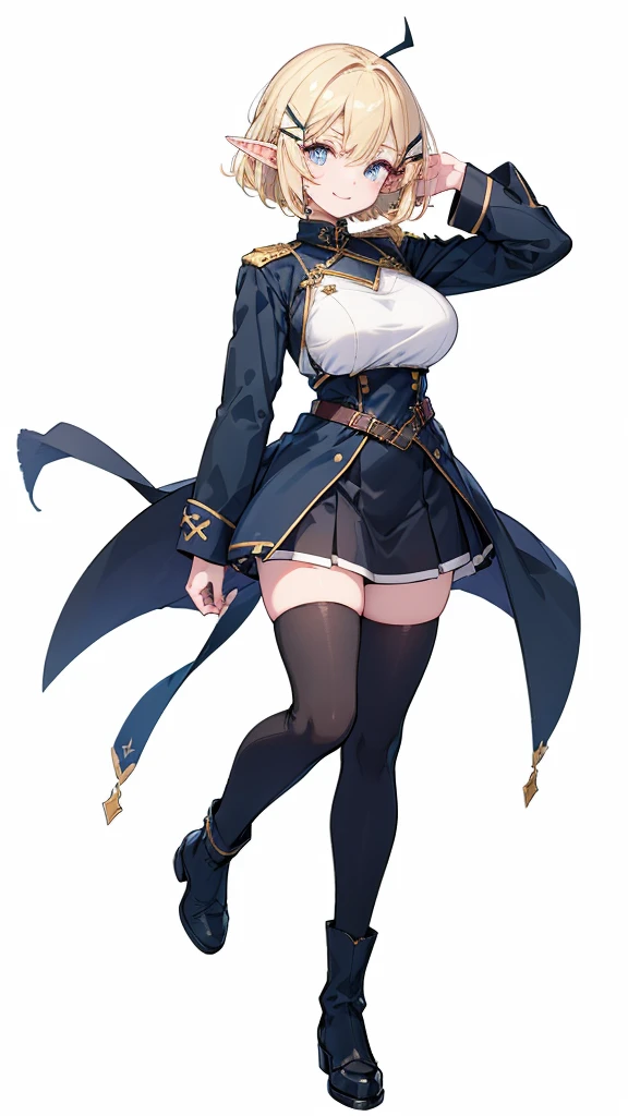 masterpiece,  top quality,((Full body image of a tall elf woman ,Standing straight with chest stretched, full body image )),Crisp, saggy eyes,Perfect dark blue eyes , (( blonde short hair)), ,((Big Breasts)),(((Dark dark blue long sleeve military uniform with thick hairpins on the bangs in an X shape ))), black knee-high boots ,(thick black thigh high socks),((black long sleeve military uniform with skirt)),((((Solid white background)))),thin arched eyebrows, white skin, looking here, big smile when looking back,  I don't have anything in my hands ,One hand on hip,