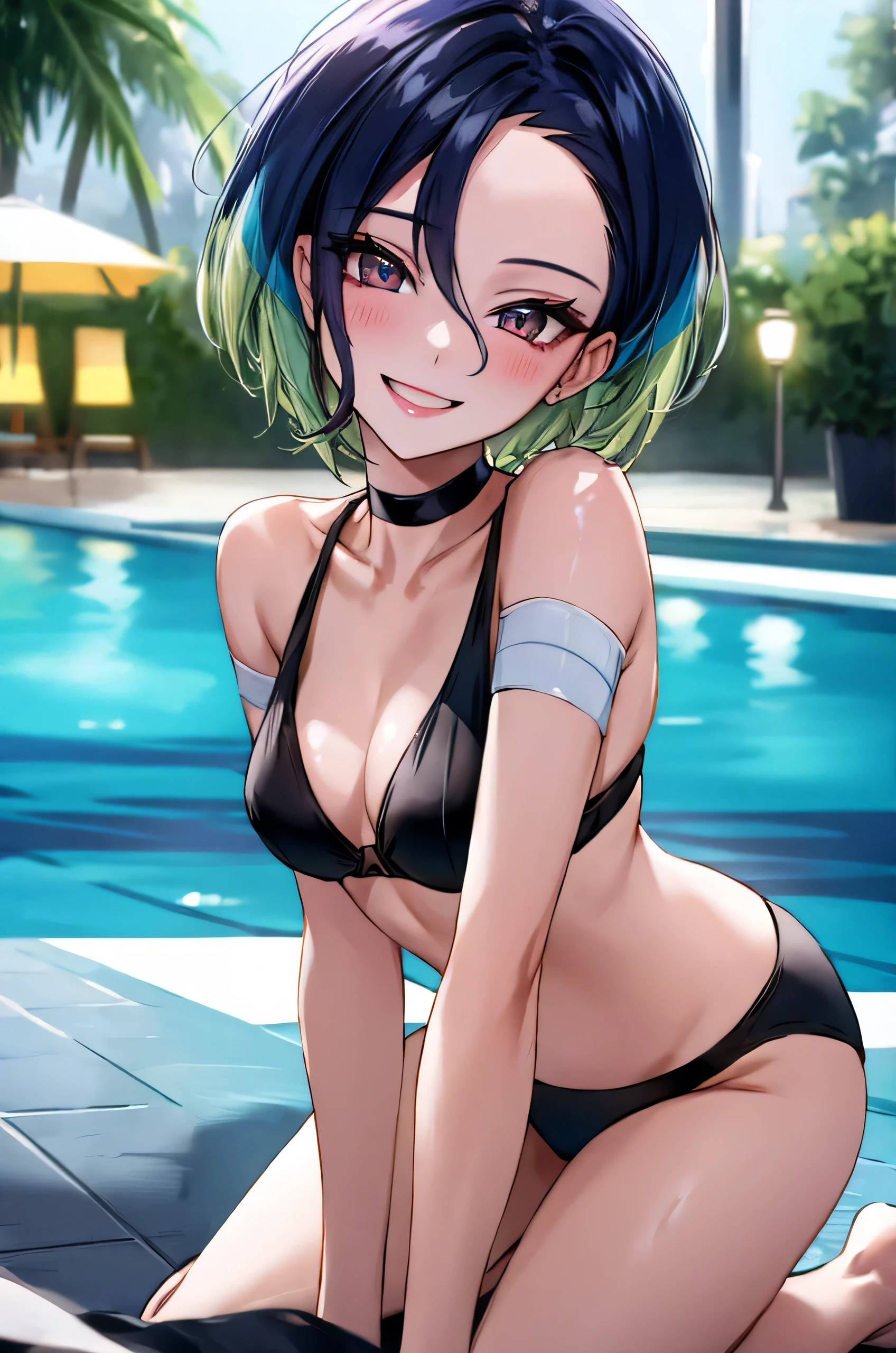 1 Girl, white girl, thot, Blushing, (((Wet Skin)), (dark blue hair with black streaks), short hair, beauty, top heavy lips, eyeliner, Best Quality, Masterpiece, Ultra High Res, white thong bikini, thong straps, big , mischievous look on face, thong, abs, girl coming out of the pool, slender, narrow hips, ((girl fixing bikini)) strap gap, big breasts, chloe price, tattoos, piercings, smirk, cocky expression, smug, optionaltypo, winl