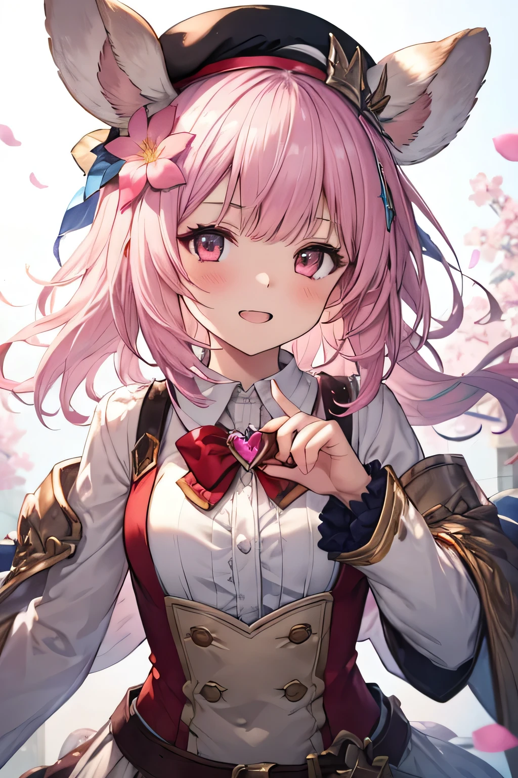 happy girl ( showing teeth), standing, combat pose,  pink hair color,  mmorpg background ,  mmorpg background (A stranger), complete anatomy,   graphic effects ,  ornament of a flower-shaped accessory on the head, aura, white beret, height 159 cm  ( 5 feet 3 inches ),  summoning circle, Castea skill Eccentric Parade(granblue fantasy), Blue Fire Force +vapor,  fire around, strong breeze ,  sakura petals and leaves, primera persona, blush,  looking at the spectator , Charm, Pausa de toque ciego  looking at the spectator ,  very detailed face , 8K, light and shadow effect.  Masterpiece.