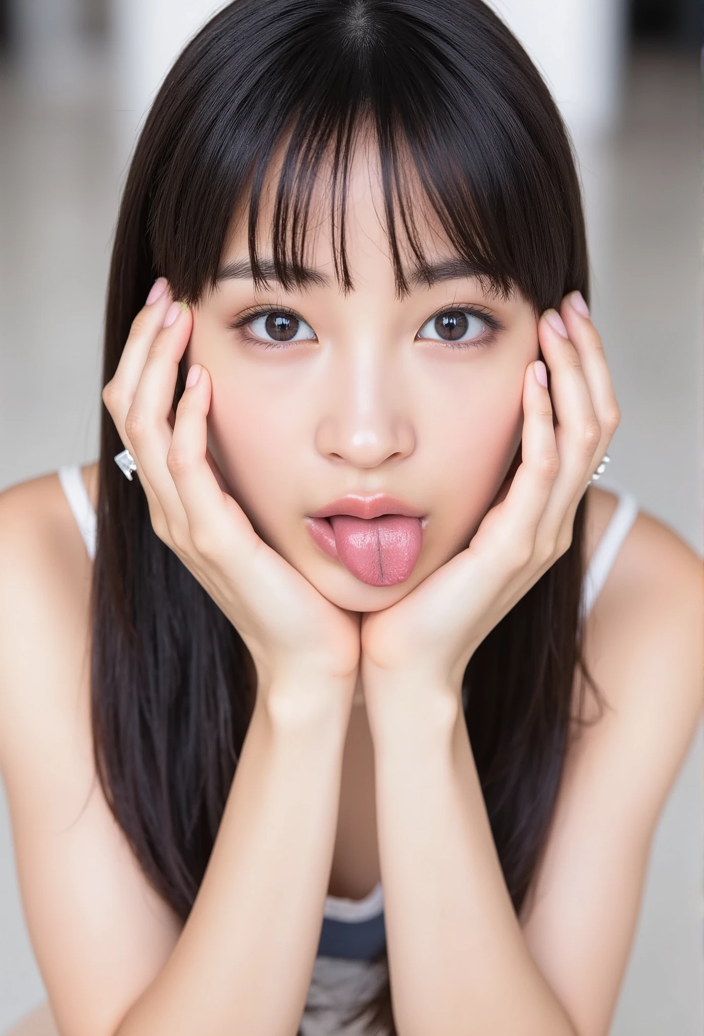  Picture of a woman's face  、(  sharp concentration ),  from below, (   Kneel and Look Up  :1.10), (( open your mouth:1.6)), (  sticks out his tongue :1.8), (Ultra-detailed beautiful faces:1.10), ( super detailed beautiful slim body:1.9), 21 years old, (  Super Detailed Beautiful Japanese Beauty Idol :1.7), (  troubled face:1.3),  The Woman in the Center of the Image , break,   photorealistic,   hyperrealism,  Portrait of a young and adorable Japanese woman , Japanese facial features,   Young and Cute Slim Oriental Face,   Bust Up Shot , 21 years old idol with a cute face,    Beautiful Japanese Girl Face  , Japanese facial features,   SHE HAS ADORABLE LOOTS   , ( Fairytale style swimsuit :1.7), 