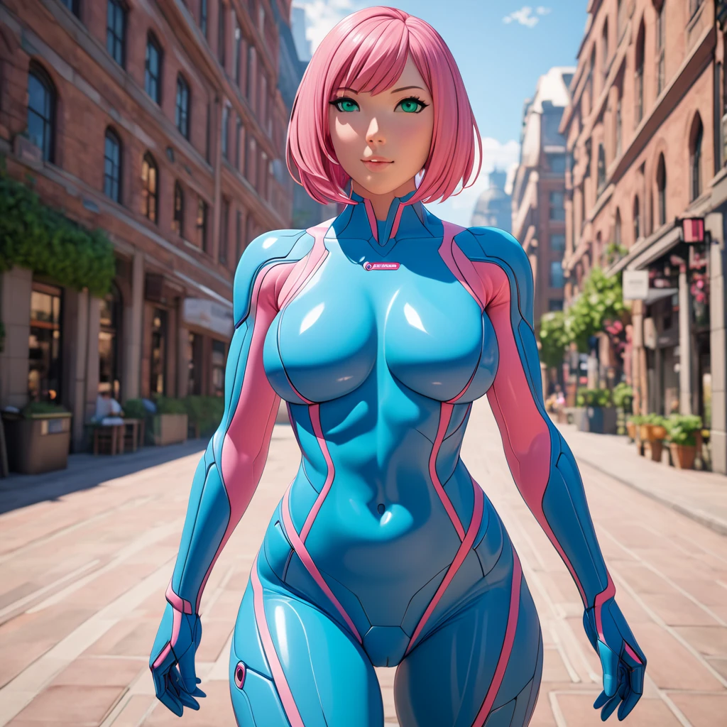 Masterpiece, High Resolution, Anatomically Correct, Best Quality, Super Detailed, Textured Skin, bright pink hair, mint green eyes, fairly curvaceous figure, peach skin, Breasts, Short Hair, Unreal Engine, blue plugsuit