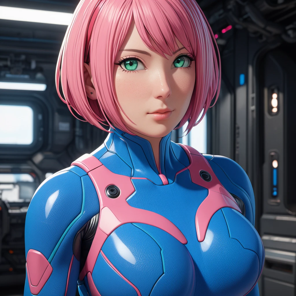 Masterpiece, High Resolution, Anatomically Correct, Best Quality, Super Detailed, Textured Skin, bright pink hair, mint green eyes, fairly curvaceous figure, peach skin, Breasts, Short Hair, Unreal Engine, blue plugsuit