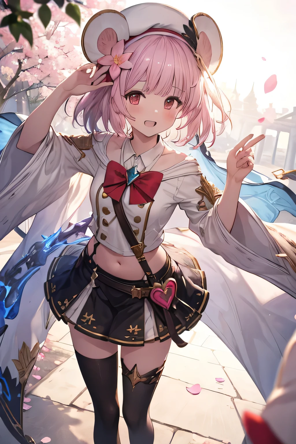 happy girl ( showing teeth), standing, combat pose,  pink hair color,  mmorpg background ,  mmorpg background (A stranger), complete anatomy,   graphic effects ,  ornament of a flower-shaped accessory on the head, aura, white beret, height 159 cm  ( 5 feet 3 inches ),  summoning circle, Castea skill Eccentric Parade(granblue fantasy), Blue Fire Force +vapor,  fire around, strong breeze ,  sakura petals and leaves, primera persona, blush,  looking at the spectator , Charm, Pausa de toque ciego  looking at the spectator ,  very detailed face , 8K, light and shadow effect.  Masterpiece.