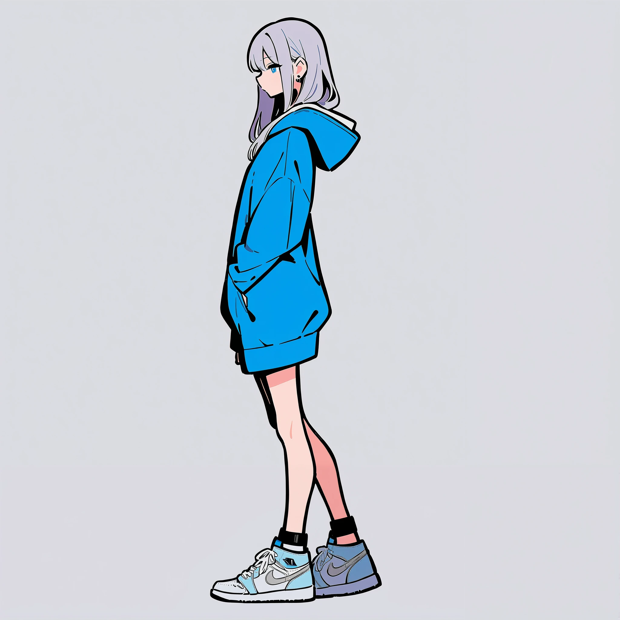 Masterpiece, best quality, simple background, white background, flat color, 1girl, solo,  silver long hair, silver eye, shoes, full body, from side, hood, 