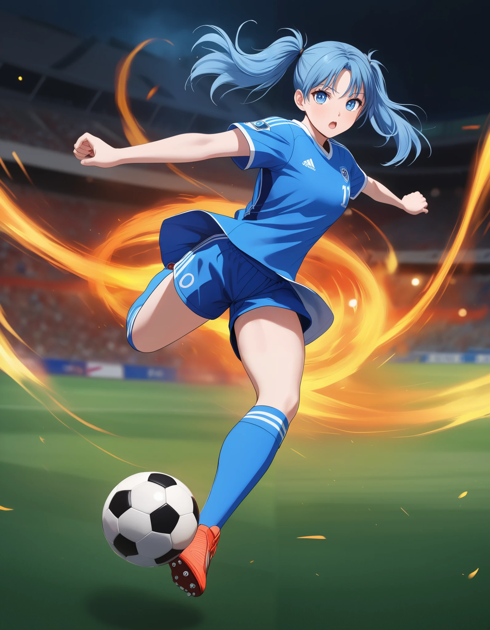  Light Blue Long Hair 、 1 girl with twin tails , blue eyes,captaintsubasashoot, playing a soccer ball ,Fire Shoot、angle,emphasis lines, speedline , Motion Blur , motion line,aura, action,kicking,  soccer field, Watch viewers,  is standing on one leg , raise your arms , raise your legs,
Medium quality ,