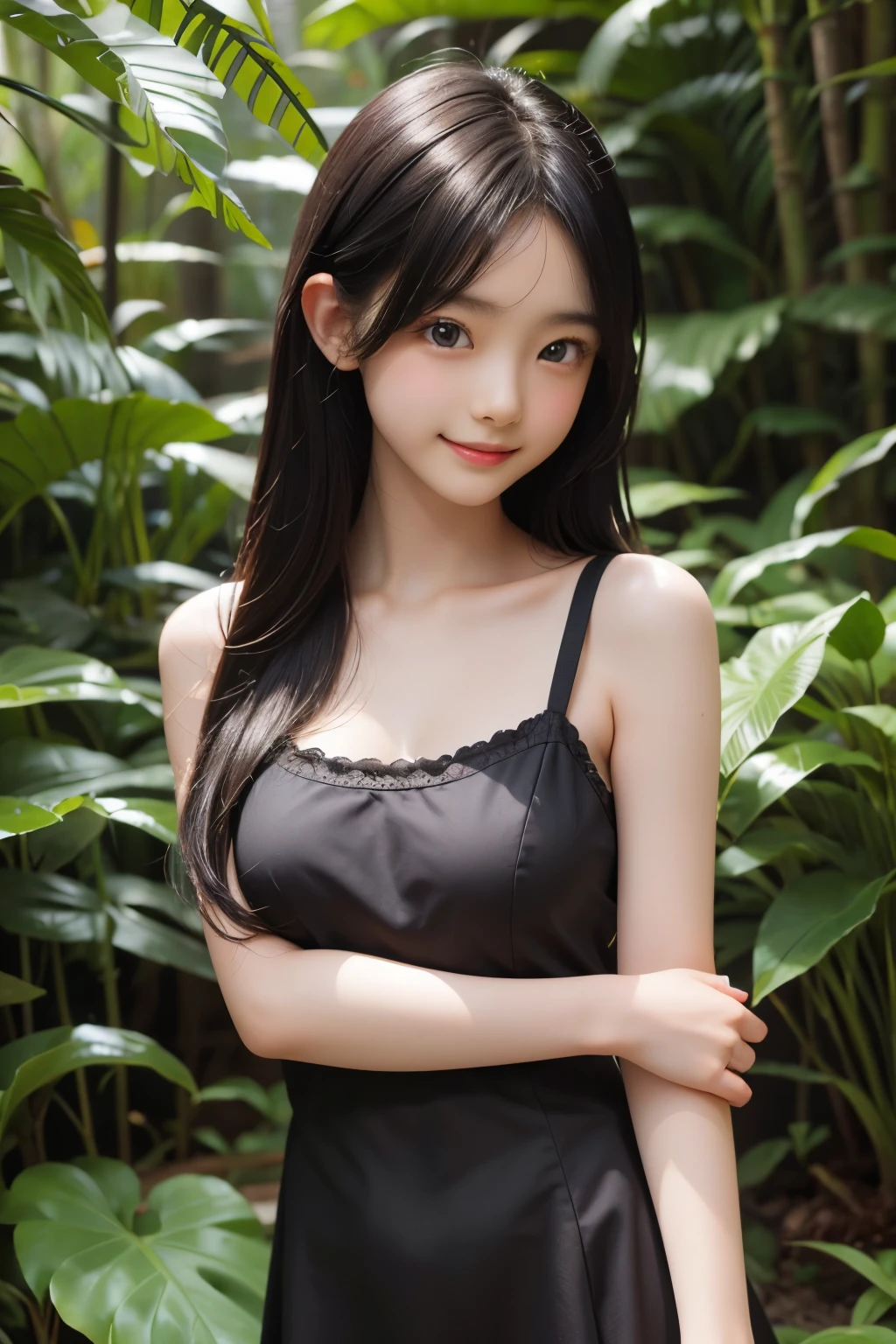 (ultra Realistic) , (illustration), (Enhance resolution), (8k), ( Extremely Detailed), ( detailed face ), 1 female, Black Straight Hair, Slim Body, in the dark , deep shadow, low profile, pureerosfaceace_v1, Happy smile, Summer Dress , Fall, rainforest