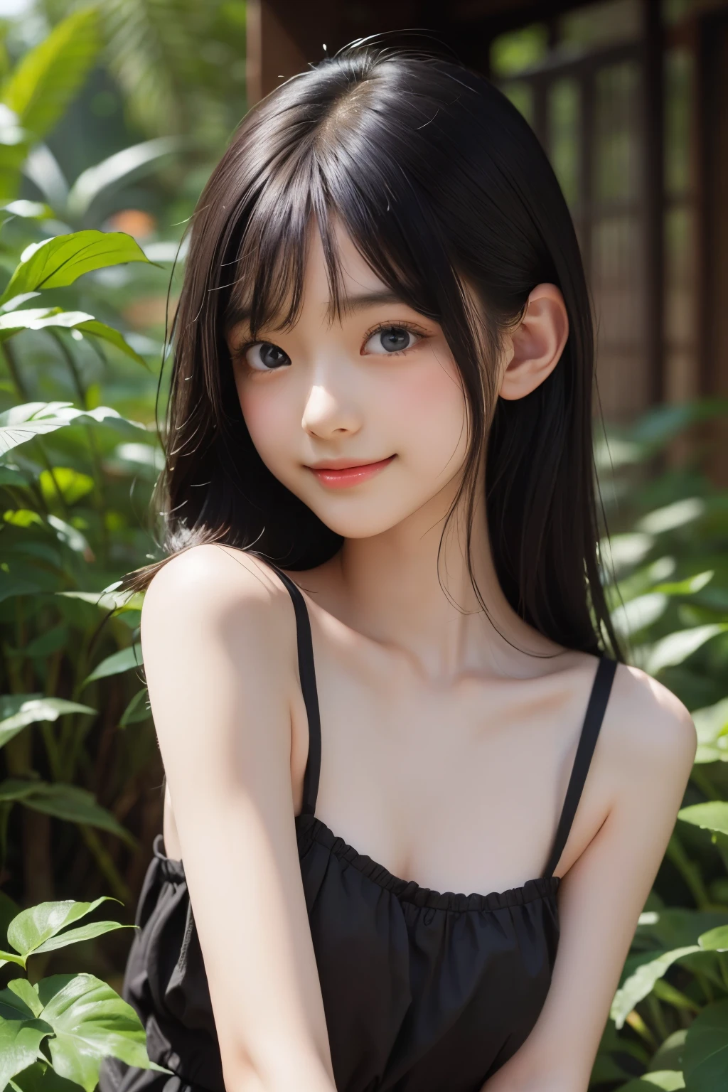 (ultra Realistic) , (illustration), (Enhance resolution), (8k), ( Extremely Detailed), ( detailed face ), 1 female, Black Straight Hair, Slim Body, in the dark , deep shadow, low profile, pureerosfaceace_v1, Happy smile, Summer Dress , Fall, rainforest