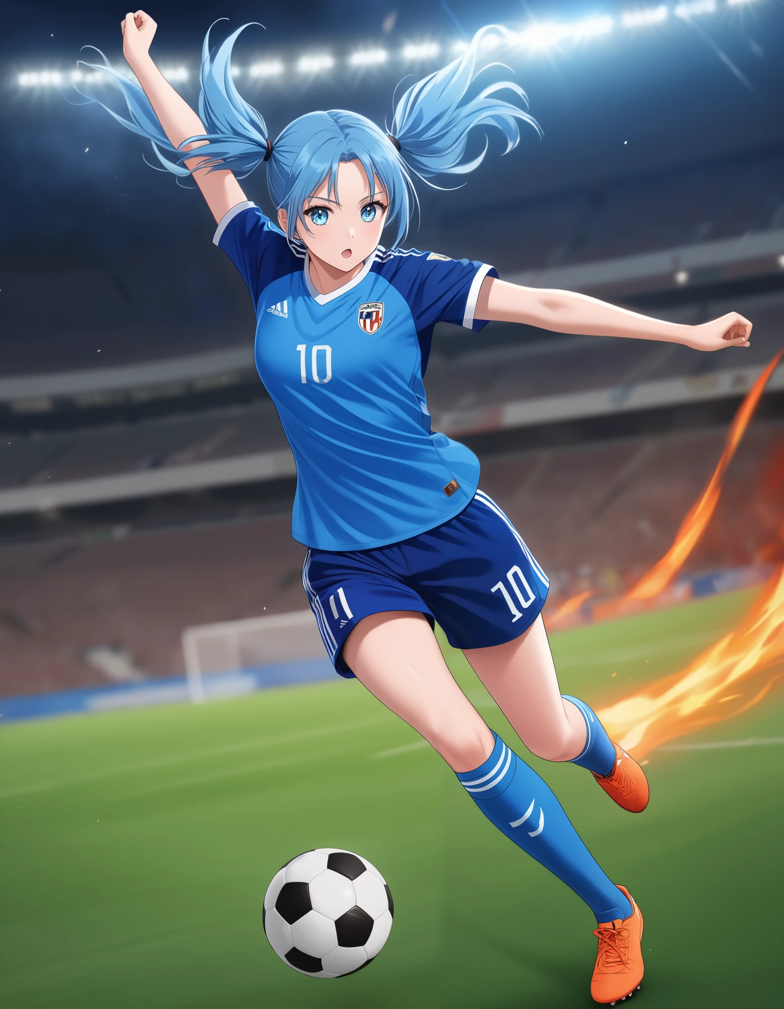  Light Blue Long Hair 、 1 girl with twin tails , blue eyes,captaintsubasashoot, playing a soccer ball ,Fire Shoot、angle,emphasis lines, speedline , Motion Blur , motion line,aura, action,kicking,  soccer field, Watch viewers,  is standing on one leg , raise your arms , raise your legs,A large audience、 soccer stadium、