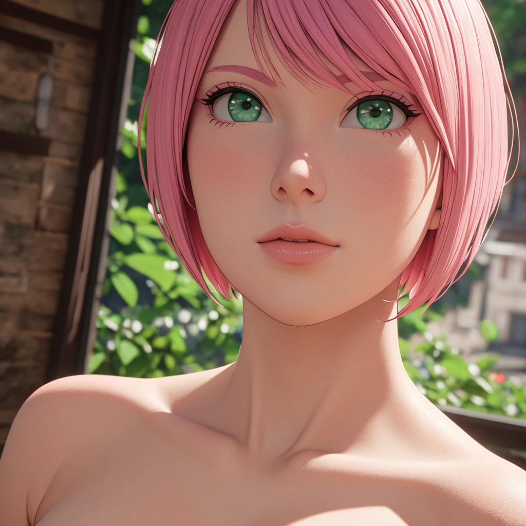 Masterpiece, High Resolution, Anatomically Correct, Best Quality, Super Detailed, Textured Skin, bright pink hair, mint green eyes, fairly curvaceous figure, peach skin, Breasts, Short Hair, Unreal Engine, naked