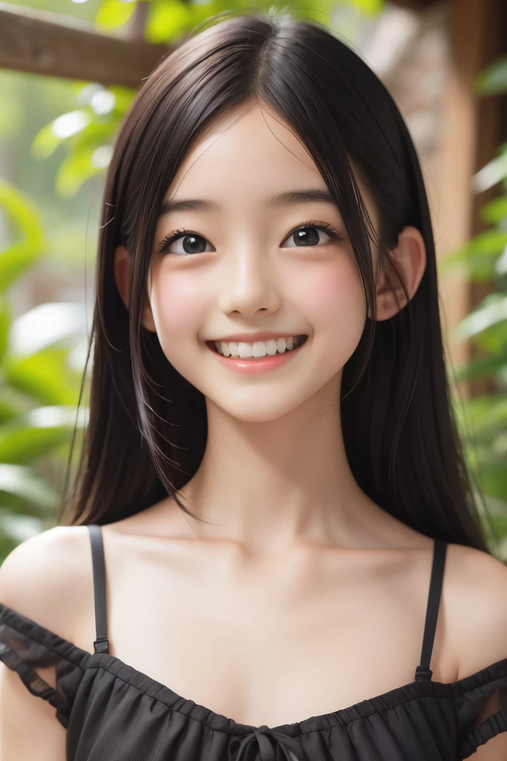 (ultra Realistic) , (illustration), (Enhance resolution), (8k), ( Extremely Detailed), ( detailed face ), 1 female, Black Straight Hair, Slim Body, in the dark , deep shadow, low profile, pureerosfaceace_v1, Happy smile, Summer Dress , Fall, rainforest