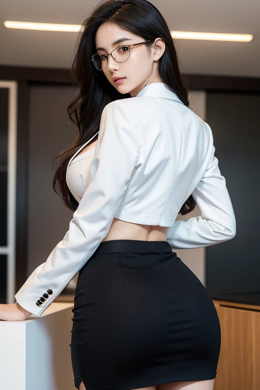 1Girl, femele, perfect body proportions, perfect faces, appealing, Masterpiece, beautiful detail, Best Quality, long wavy black hair, Office uniform, cleavage, Glasses, Tight pencil skirt, Beautiful Thighs, Unbuttoned jacket, large full breasts, smooth white skin, beautiful buttocks, view from behind