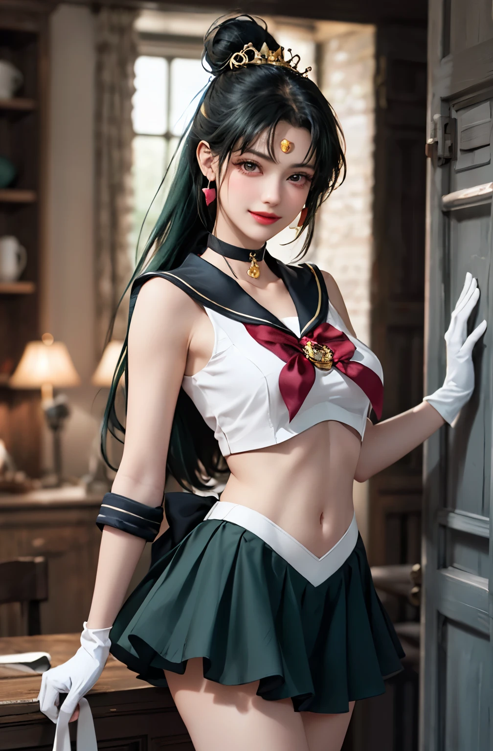full:1.3、stand、  Masterpiece 、3d、 realistic 、 Ultra micro photography、Awesome and best quality、Ultra-detailed CG Unity 8K Wallpaper、((A gorgeous golden tiara on the forehead:1.4、 Spread the word close-up portrait :1.2、Black pre-gated mini skirt:1.2、Large dark red bow on chest:1.2、Black gloves on elbows:1.1、Big black collar、Red brooch))、 from below、 complex details、( 1 Woman ,housewife)、30 years old、Dynamic English、(red eyes,Underworld King of the moment、Mao_ good, Mei Shaomph )、(Sailor Pluto Single Hair Panties Tiara セーラー戦士Uniform Skirt Gloves),((シングル ponytail)),Luxurious gold decoration, Very long dark green hair:1.2、Shiny beautifull straight long dark green hair,:1.2、Sailor Pluto&#39;Uniform, (セーラー戦士Uniform、Expose your upper arms:1.2、Sleeveless,Luxurious gold decorationが施された長い白いラテックス手袋:1.3、Very large dark red bow behind waist,,:1.1、 Bold and Sexy Big Chest .、 Gold Ring Earrings  ,Gorgeous gold embellishment on shiny black long knee-high boots),、(Ultra-thin, High gloss silvery white holographic leather:1.3,Bold and sexy slim silvery white high legged gravet swimsuit)、staff, holding_staff, Key chase accessory on waist,(

Jupiter,  green eyes,  ponytail, land, gem, セーラー戦士Uniform, green sailor collar ,  choker, Elbow Groove, White handbag,  Pink Ribbon , brooch,  White Leotard ,  green skirt ,  pleated skirt),((Combat Ready))、I have a huge key wand, ((Dark Skin, has an enchanting smile、 very beautiful face 、 face details:1.5、Sharp red eyes、beautifull expression、beautidfull eyes、輝く瞳、thin lips:1.3、thin,  sharp, thin眉毛,、length, Black eyelashes、Double eyelashes))、Gorgeous huge white wing streaks:1.2、 Muscular Abs:1.2、 small face、Big Breasts、Tall and attractive with perfect proportions、  big breasts and small waist  、 big butt, Sexy Model Poses 、 I can see my pores 、  perfect hand with giant bow :1.5、 octane rendering 、Very dramatic photo、Strong natural light 、sunlight、 sophisticated lighting and shadows、 looking sexy and bold 、 concentrate:1.0、Maximum clarity and  sharpness、(Dynamic Re 