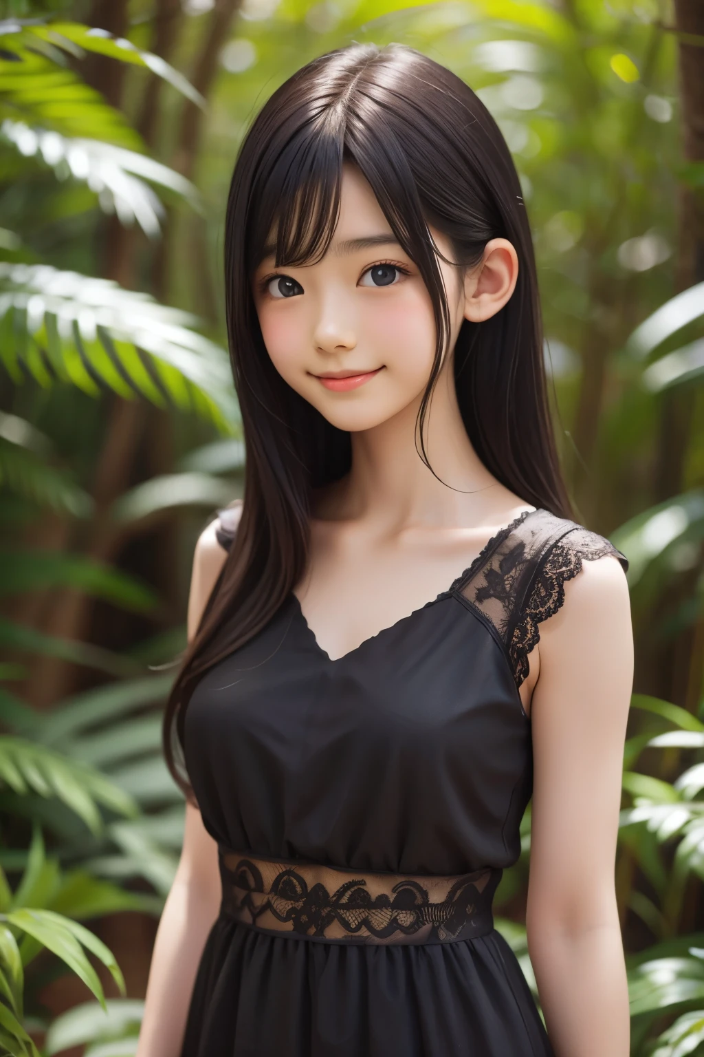 (ultra Realistic) , (illustration), (Enhance resolution), (8k), ( Extremely Detailed), ( detailed face ), 1 female, Black Straight Hair, Slim Body, in the dark , deep shadow, low profile, pureerosfaceace_v1, Happy smile, Summer Dress , Fall, rainforest