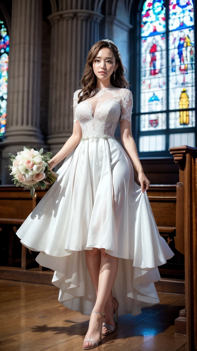 A beautiful young Japanese woman, 26 years old, with healthy thighs, beautiful legs, flawless skin, random hair color and style, large breasts, wearing a (wedding dress:1.3), (she is standing:1.2), full body shot, high heels, holding a bouquet in her hands, in a church setting, (best quality,8k, masterpiece:1.3), (extremely detailed:1.2), perfect anatomy, Yui Aragaki