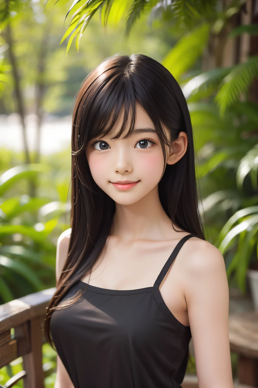 (ultra Realistic) , (illustration), (Enhance resolution), (8k), ( Extremely Detailed), ( detailed face ), 1 female, Black Straight Hair, Slim Body, in the dark , deep shadow, low profile, pureerosfaceace_v1, Happy smile, Summer Dress , Fall, rainforest