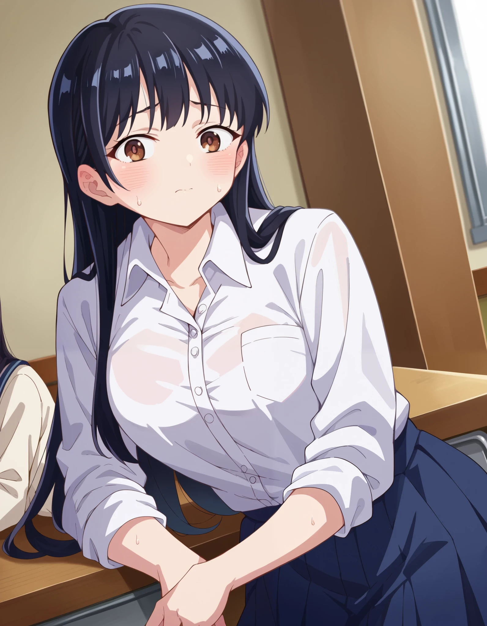 score_9, score_8_up, score_7_up, source_anime, annayamada, anna yamada, long hair, bangs, black hair, brown eyes, skirt, shirt, school uniform, white shirt, pleated skirt, collared shirt, sweatdrop, blue skirt, pocket, shirt tucked in, indoors, on side, blush, looking at viewer, cowboy shot, dutch angle,
