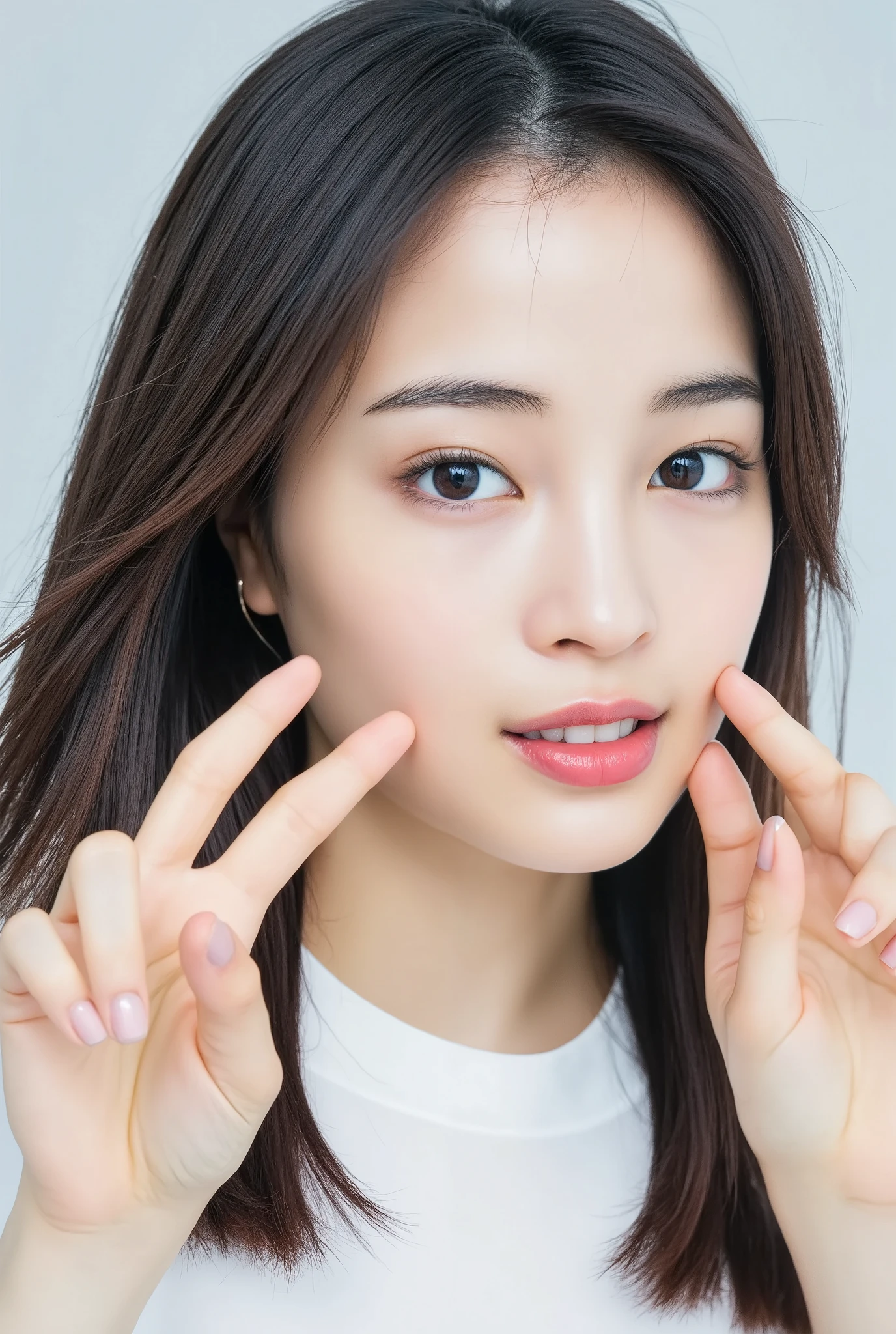 smile making a heart shape with hands:2.0、 (Ultra-precise human anatomy , top quality、 RAW photo、8k、32K、 Masterpiece 、 realistic 、 photorealistic:1.37)、Cute Japanese women images、 tank top in front of urinal、 Shot in natural light、 upper body、 1 girl、Photo Mapping、Physically Based Rendering、 high image quality、 high definition 、1080P、( beautiful face)、(Detailed description of the face)、( Detailed description of the hand setter'Muscle area)、( CG in detail)、 rich details 、( Stunning Features :1.35)、( detail eyes)、 looking forward to your eyes、Delicate clavicle、 Various Poses、非常にリアルで詳細な若い女性の upper bodyポートレート。The skin is beautiful、 Soft light is reflected in the high part of the cheek .、 Tiny pores and hair follicles、 You can see even the thinnest blood vessels 。The skin is smooth、natural flushing of cheeks 、Healthy glow。 The eyes are large and clear blue、Her iris has fine patterning、 Light is reflecting and shining in the eye。 There is a slight shadow under her eye 、 Her eyelashes are long and naturally curled。 her lips are soft pink 、Smooth texture with a natural glow、 Slightly reflects light。 the woman wears a simple white top .、 background is pale black and white gradation .、焦点は完全に顔と upper bodyに当たっている。 realistic shadows and textures、 picture-like depiction.。