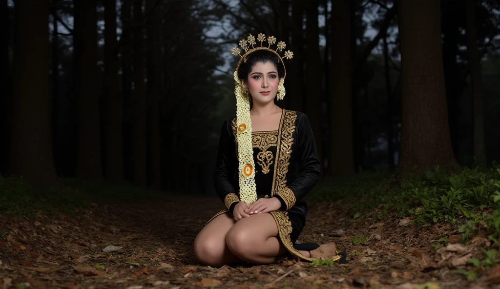 ((ultra-realistic photo)) [A beautiful 19-year-old Indonesian bride, dressed in a black Javanese wedding kebaya with intricate gold embroidery and a brown kebaya skirt, sits on the forest floor. Her face is streaked with tears, and her bowed head expresses overwhelming sadness. The dark forest around her is dense and steep, with tall trees creating an eerie, shadowy atmosphere. A faint glow of moonlight provides minimal illumination, highlighting her sorrowful expression and the textures of her attire. The camera angle, taken from close up, emphasizes her emotion, the details of her kebaya, and the somber, mysterious ambiance of the forest, captured in lifelike 8K resolution.]