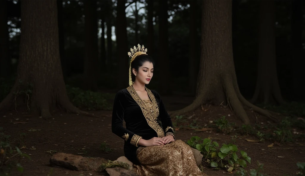 ((ultra-realistic photo)) [A beautiful 19-year-old Indonesian bride, dressed in a black Javanese wedding kebaya with intricate gold embroidery and a brown kebaya skirt, sits on the forest floor. Her face is streaked with tears, and her bowed head expresses overwhelming sadness. The dark forest around her is dense and steep, with tall trees creating an eerie, shadowy atmosphere. A faint glow of moonlight provides minimal illumination, highlighting her sorrowful expression and the textures of her attire. The camera angle, taken from close up, emphasizes her emotion, the details of her kebaya, and the somber, mysterious ambiance of the forest, captured in lifelike 8K resolution.]