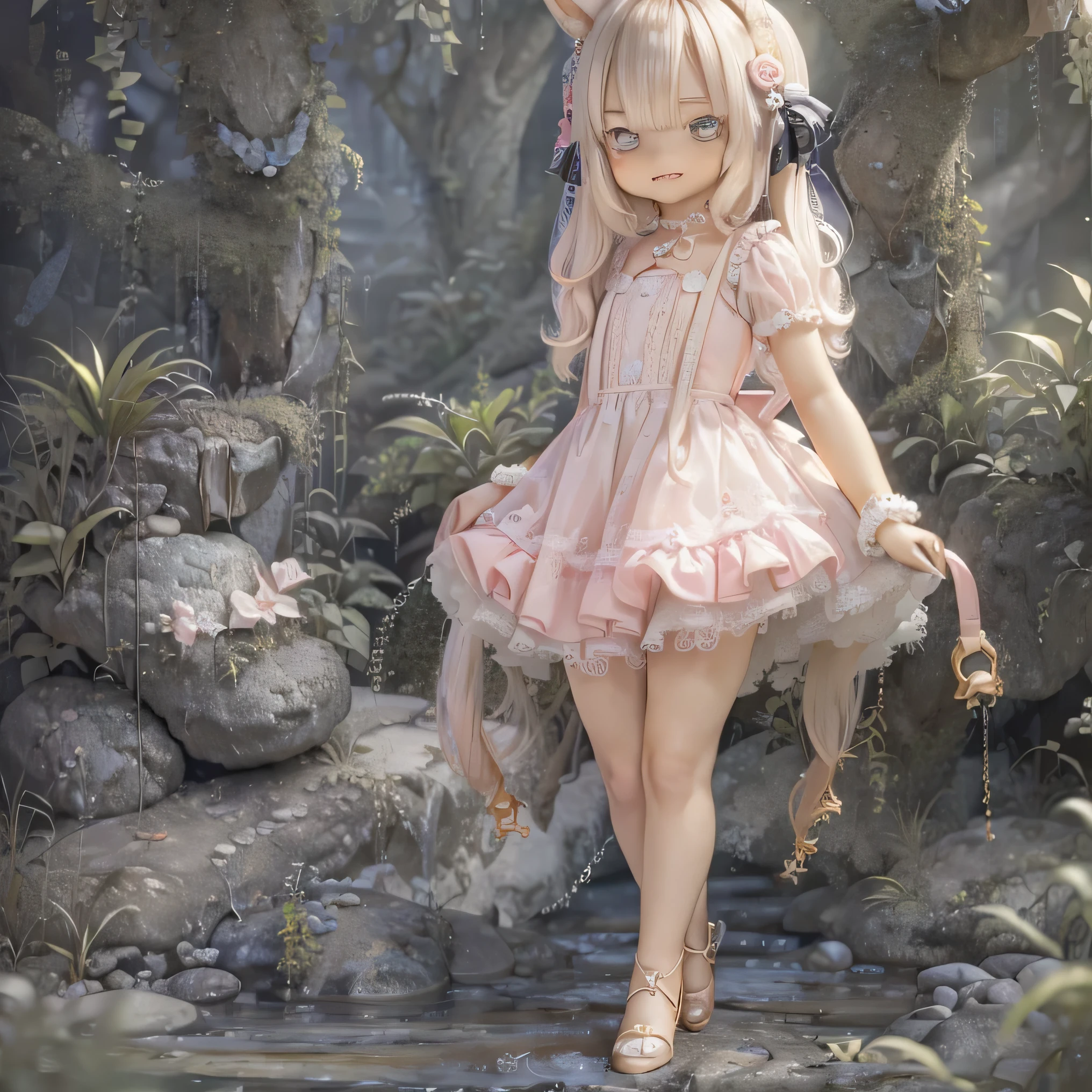 In the garden, smile, Similar to Chi from Made in Abyss.   forest setting  , Beautiful eyes and lips.  (((chibi style,))) . The image quality is excellent, Highly detailed and realistic features. The medium of this work is、  Combines illustrations with photorealistic rendering.. The colors are vivid、   lights create a warm and bright atmosphere   。 whole body(((((  cute pink dress  )))))Contrasting cute poses